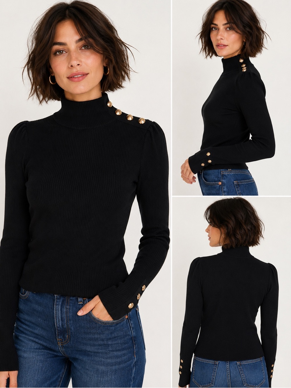 Ralph Lauren Women’s Black Ribbed Mock Neck Top with Gold Buttons